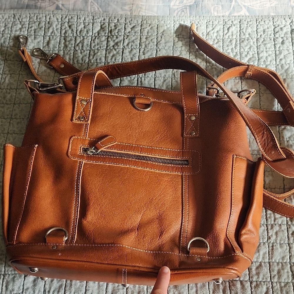 Women’s Tan Leather Tote Bag with Multicolor Panel - Picture 4 of 9